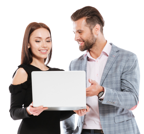 Picture happy young loving couple standing isolated looking aside while using laptop computer 拷貝
